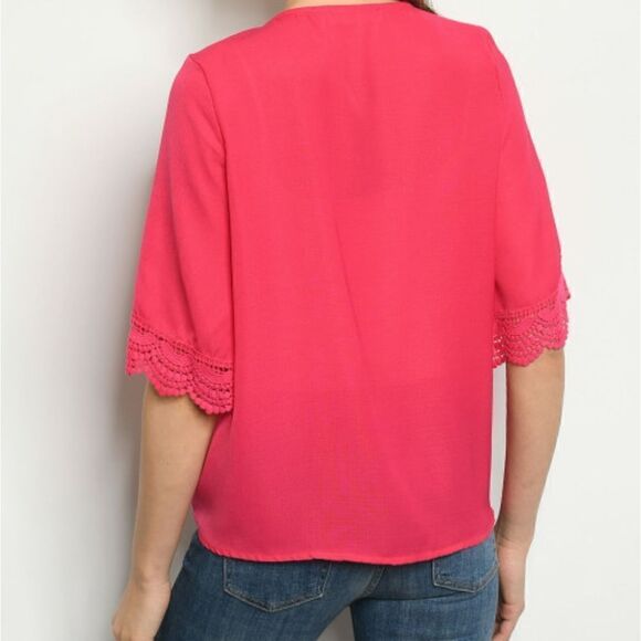 Fuchsia Crochet Sleeve Tie Front Kimono - Picture 3 of 3